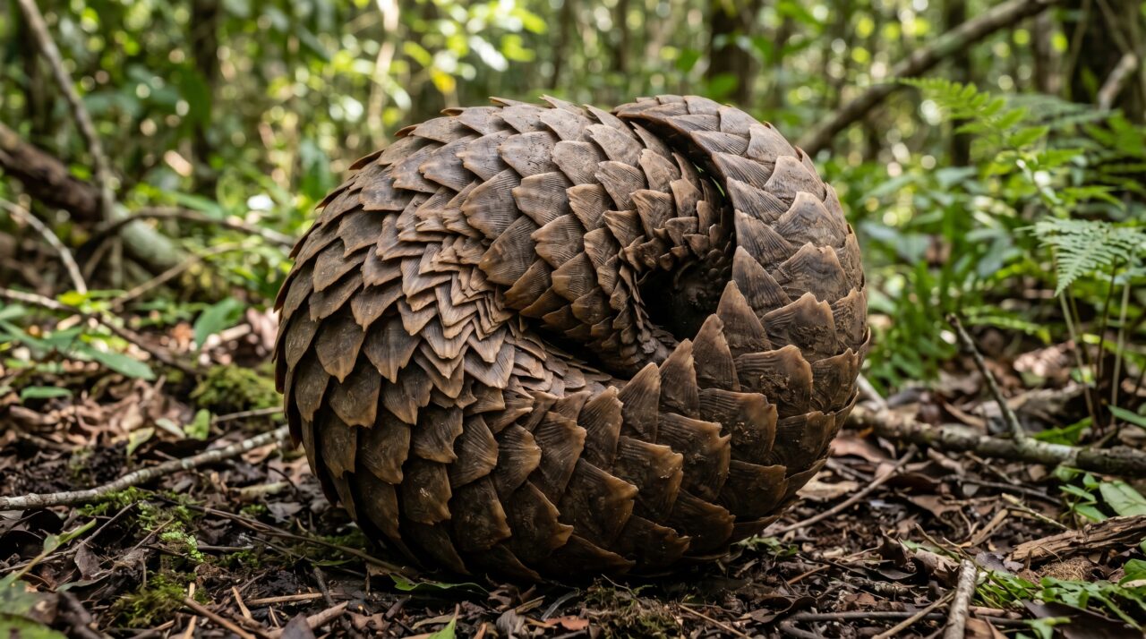 A armadura natural do pangolim e seus mecanismos de defesa contra grandes predadores.