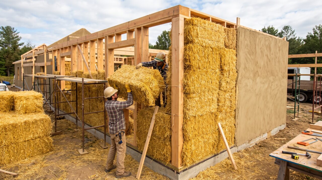 Sobras de colheita agrícola viram blocos de palha compactada que blindam a casa contra o frio extremo e o calor insuportável de forma 100% natural