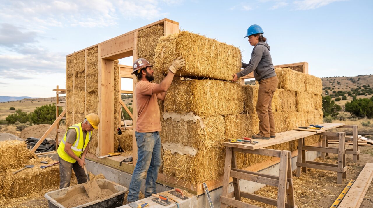 Construção sustentável com fardos de palha agrícola.