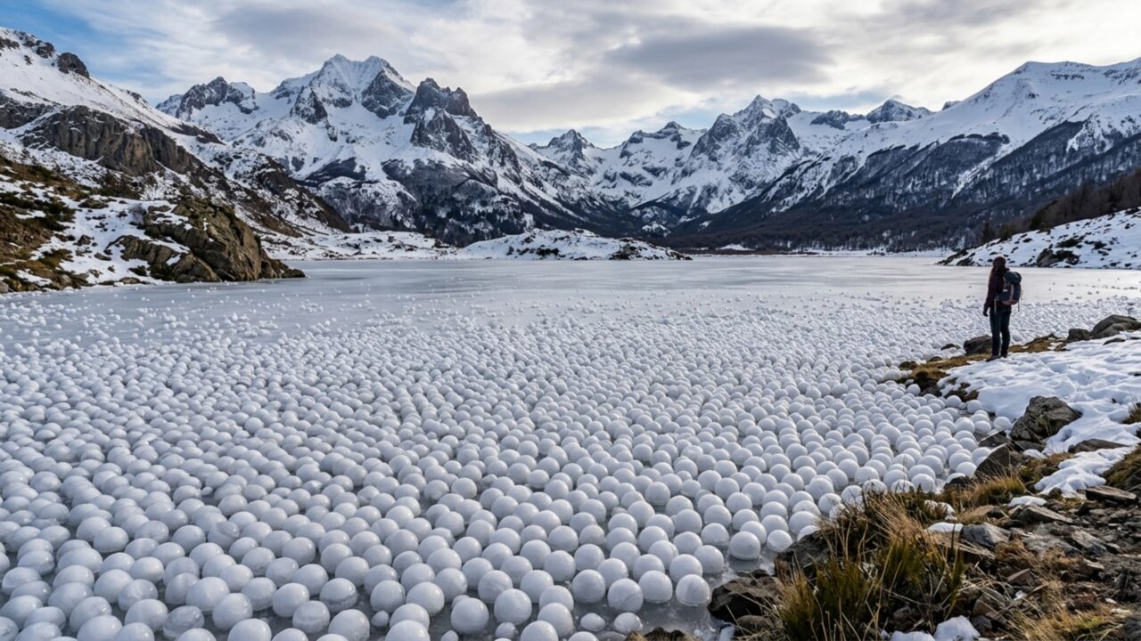 Patagônia presencia fenômeno sem precedentes na cordilheira de Neuquén: milhares de esferas de gelo cobrem lagoa congelada