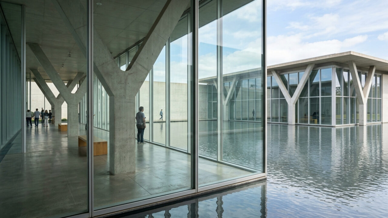 Projetado por Tadao Ando em 2002 com cinco pavilhões de concreto e vidro flutuando sobre a água, o museu texano é um marco do modernismo nos EUA