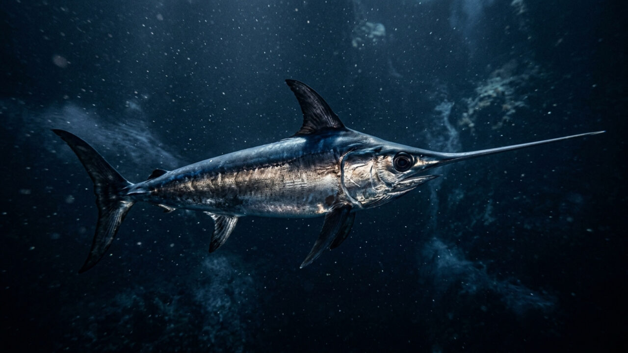 Este veloz predador dos mares profundos usa o seu bico longo e afiado como uma arma, para atordoar e capturar peixes em alta velocidade