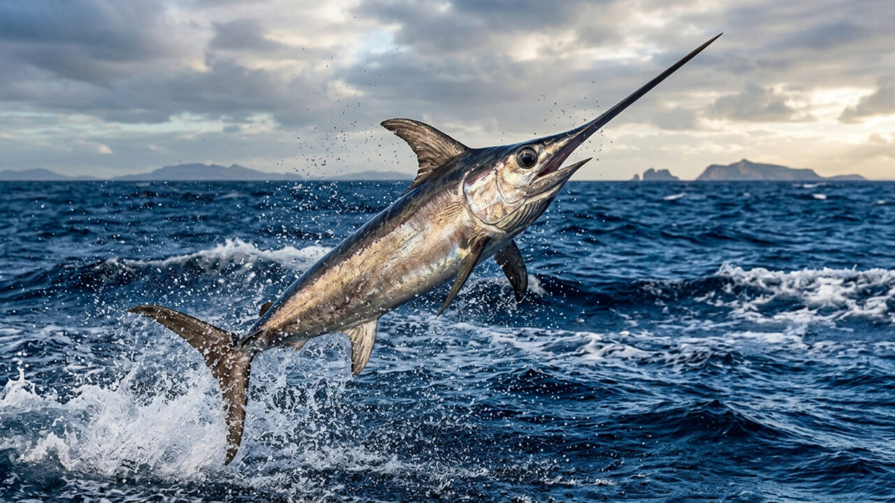 Este veloz predador dos mares profundos usa o seu bico longo e afiado como uma arma, para atordoar e capturar peixes em alta velocidade