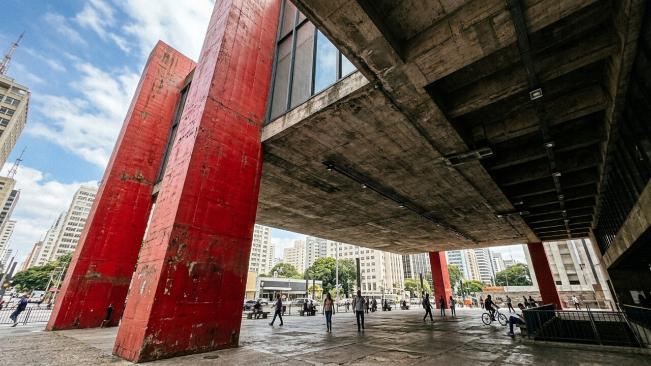 O monumental museu de 1968 sustentado por quatro colunas vermelhas com um vão livre de 74 metros de extensão, sendo um marco da engenharia paulista 