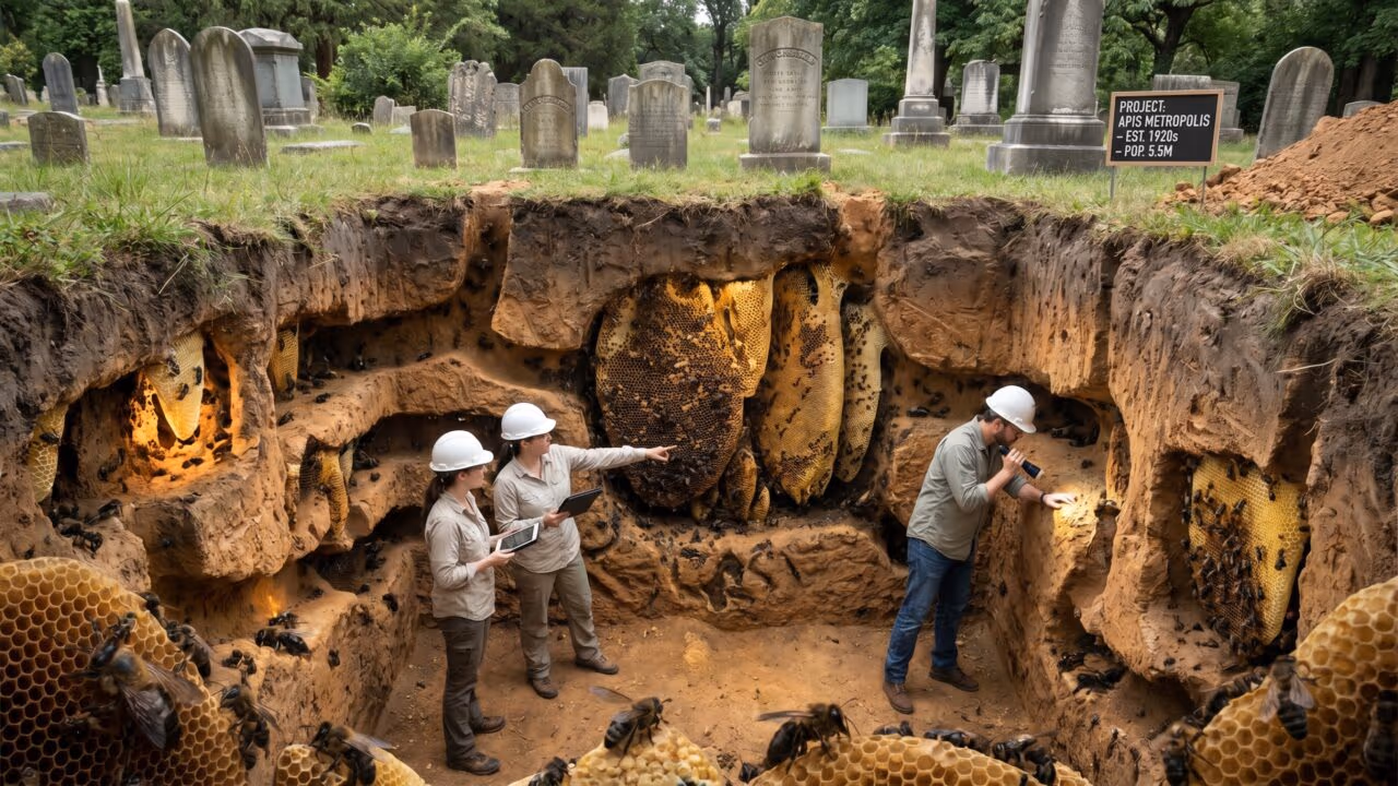 Pesquisadores descobriram 5,5 milhões de abelhas que vivem há pelo menos 100 anos em uma “metrópole” escavada sob um cemitério