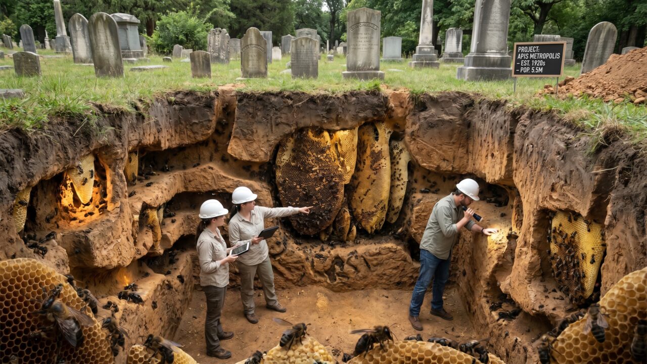 Pesquisadores descobriram 5,5 milhões de abelhas que vivem há pelo menos 100 anos em uma “metrópole” escavada sob um cemitério