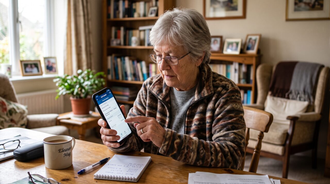 Pessoa idosa segurando um celular na mão para resolver pendências do banco.