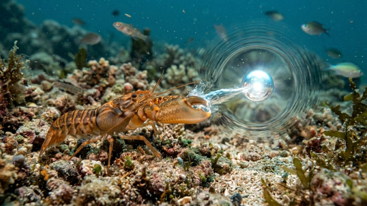O minúsculo camarão de 5 centímetros atira bolhas de água a 100 km/h gerando um calor de 4000 graus para desmaiar suas presas