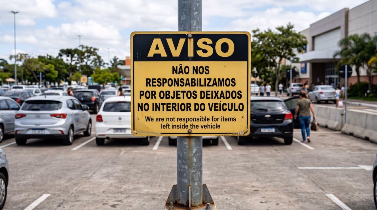 A famosa placa “Não nos responsabilizamos por objetos no veículo” é ilegal e não tira a culpa do estacionamento
