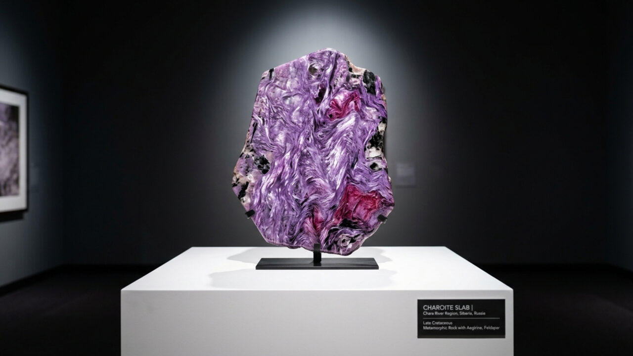 Encontrada exclusivamente na Sibéria e exibindo redemoinhos roxos de silicato, esta gema de 1940 parece uma pintura abstrata feita pela Terra 