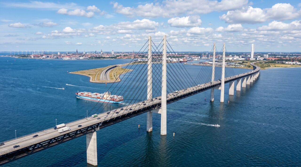 A engenharia da Ponte de Øresund entre a Dinamarca e a Suécia.
