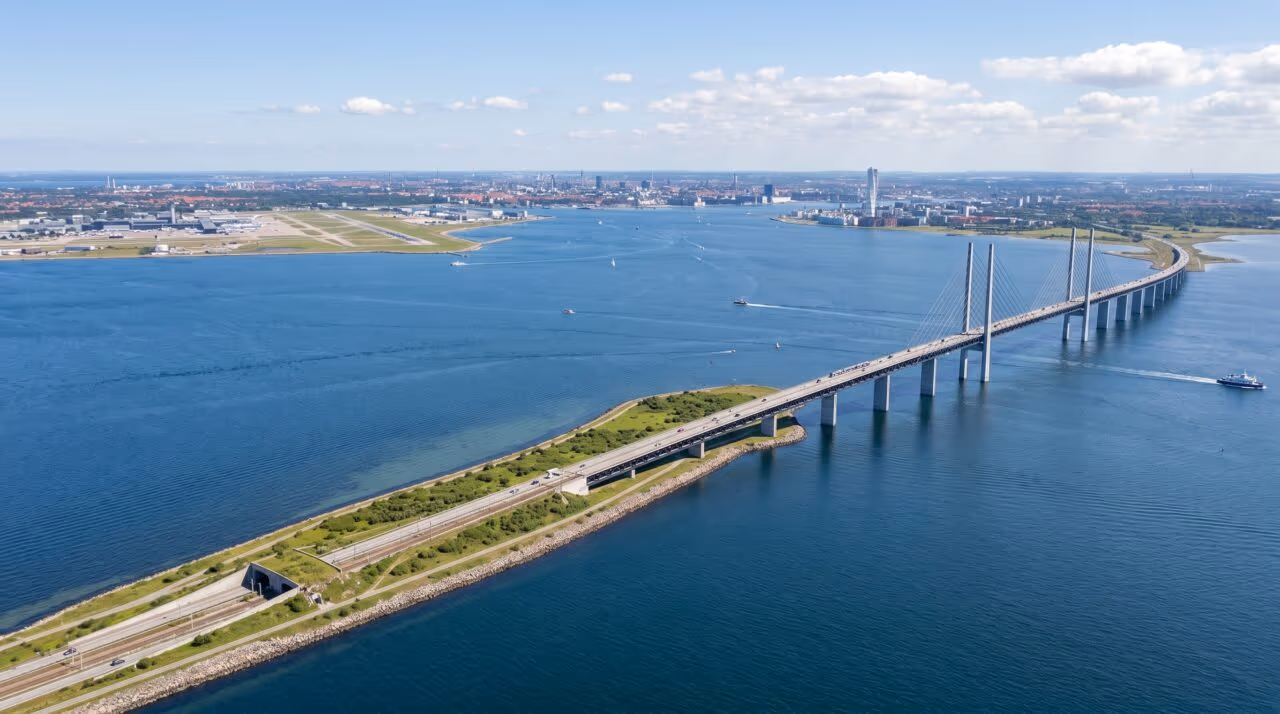 O trajeto que desafia a lógica: a megaestrutura que começa como uma ponte estaiada e mergulha no oceano virando um túnel subaquático para conectar dois países