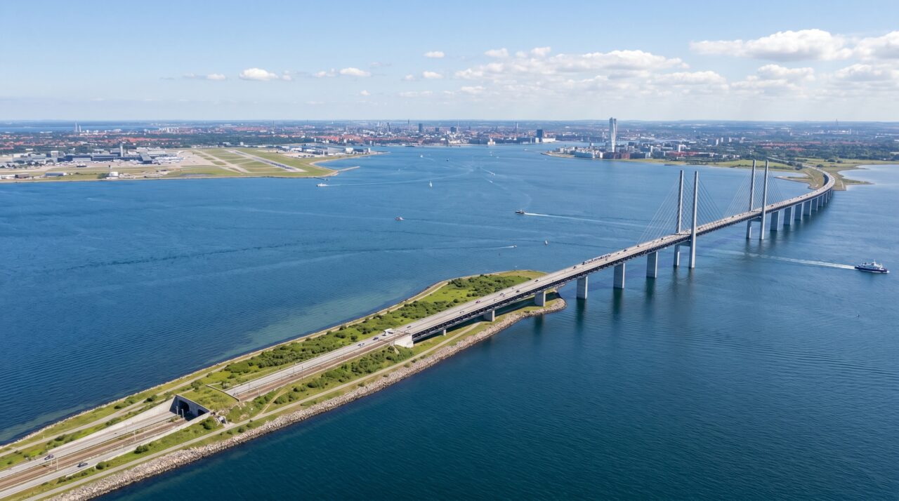 O trajeto que desafia a lógica: a megaestrutura que começa como uma ponte estaiada e mergulha no oceano virando um túnel subaquático para conectar dois países