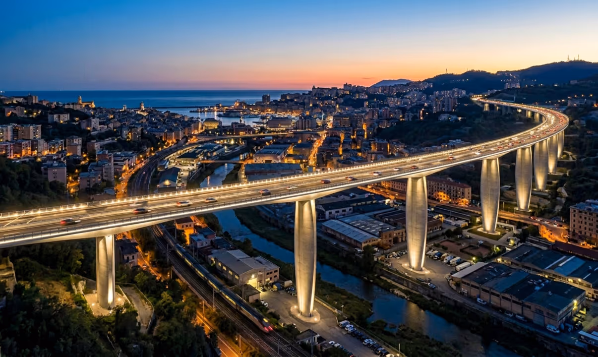 Projetada por Renzo Piano, com formato aerodinâmico que lembra o casco de um navio, a ponte de aço substituiu o antigo viaduto que caiu em Gênova