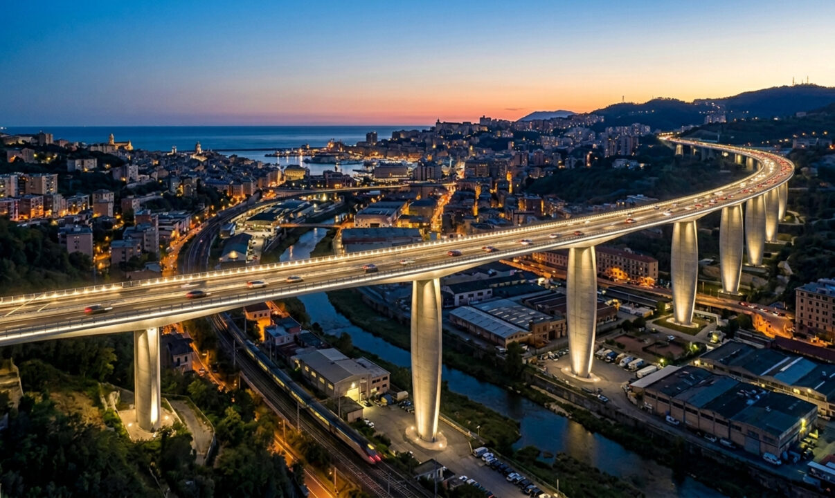 Projetada por Renzo Piano, com formato aerodinâmico que lembra o casco de um navio, a ponte de aço substituiu o antigo viaduto que caiu em Gênova