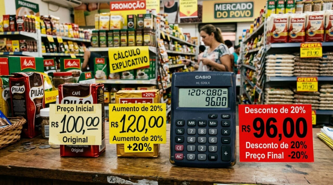 Se um produto custa R$ 100, recebe aumento de 20% e depois desconto de 20%, ele volta a custar R$ 100?