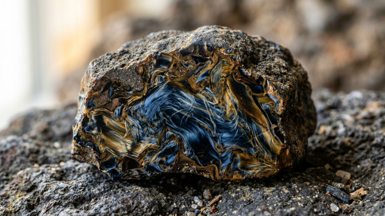 Esqueça o olho de tigre comum, pois este quartzo de 1962 exibe redemoinhos dourados e azuis sendo conhecido como a pedra da tempestade