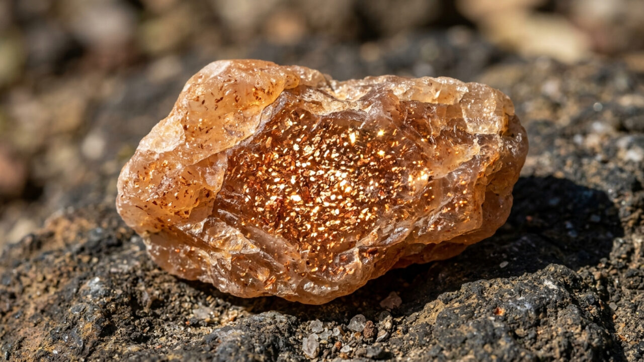 Exibindo brilho metálico de cobre e muito valorizada em suas cores mais raras, esta variedade de feldspato brilha sob a luz em depósitos isolados da América do Norte