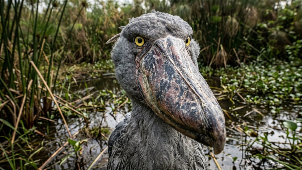 O imponente pássaro de aparência pré-histórica mede até 1,5 metro de altura; ele vigia pântanos africanos e engole crocodilos filhotes inteiros