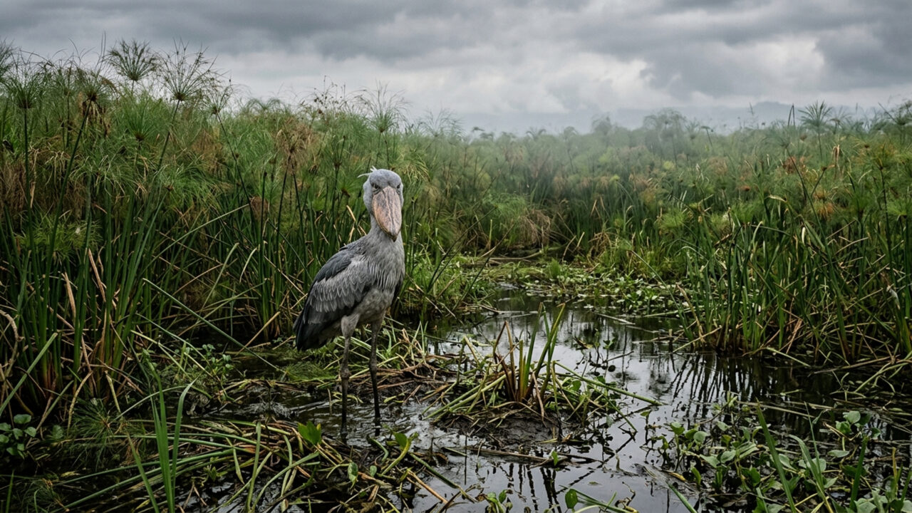 O imponente pássaro de aparência pré-histórica mede até 1,5 metro de altura; ele vigia pântanos africanos e engole crocodilos filhotes inteiros