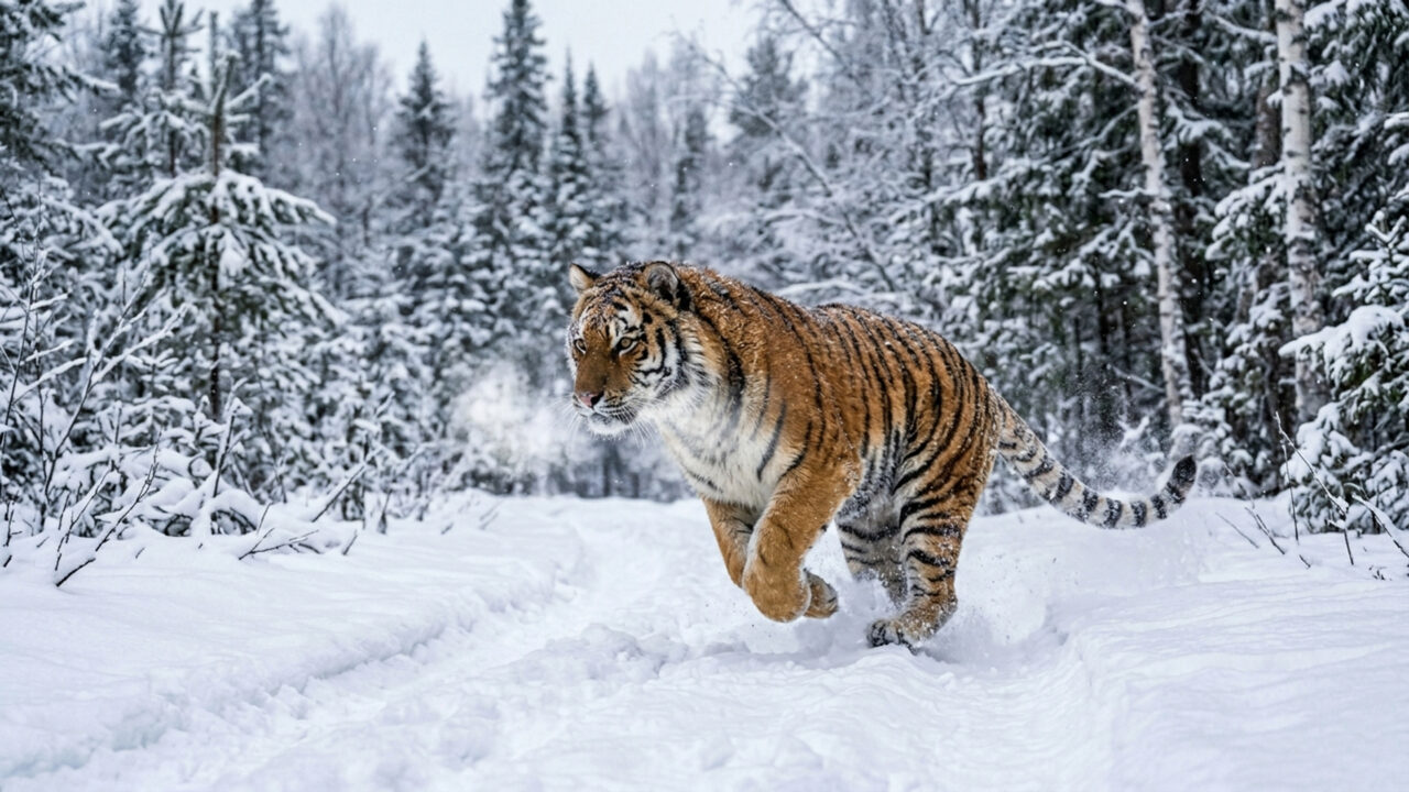 Pesando até 300 kg e resistindo a temperaturas brutais de 40 graus abaixo de zero, o maior felino do planeta domina as florestas gélidas da Ásia