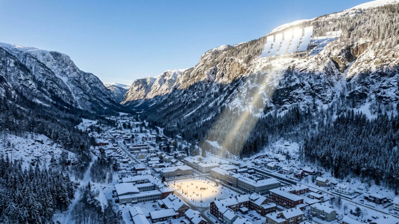 A pequena cidade nas montanhas norueguesas que vive em total escuridão por seis meses seguidos e precisou instalar três espelhos computadorizados gigantescos no topo do penhasco para desviar os raios de sol