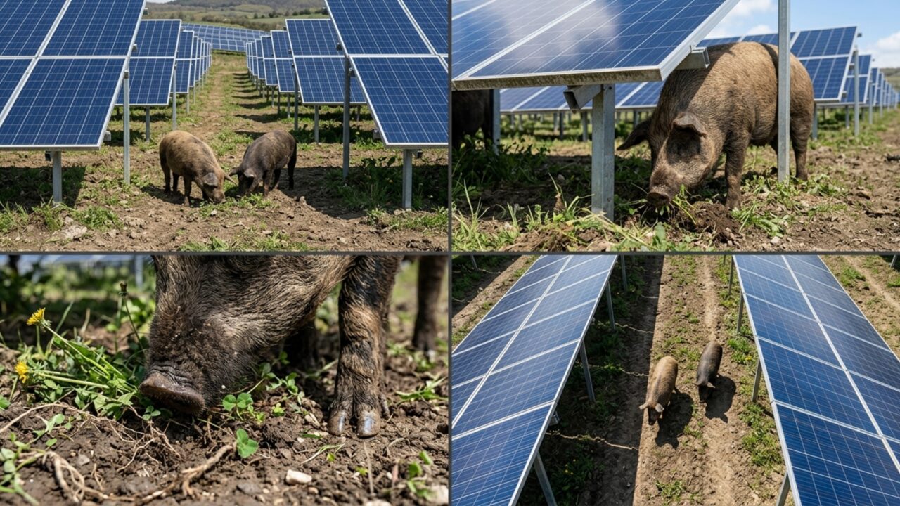 Porcos estavam destruindo uma fazenda até que um fazendeiro os treinou para remover ervas daninhas para que os painéis continuassem alcançando o sol