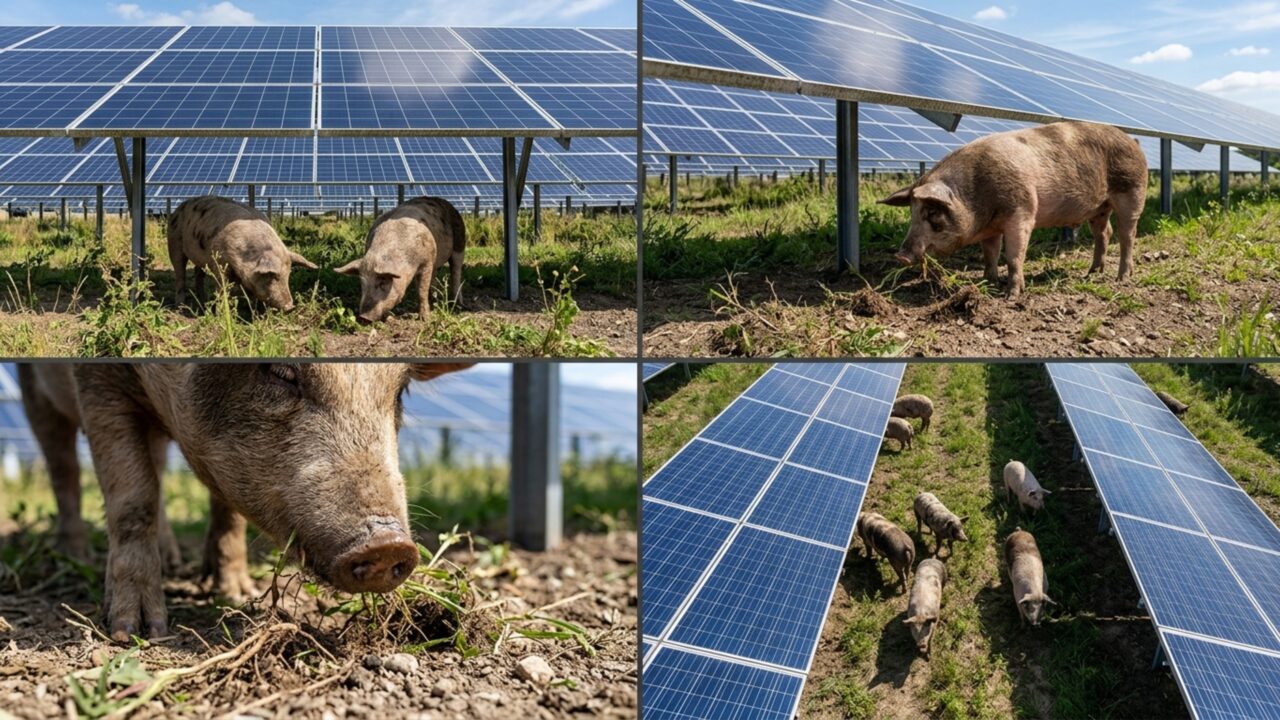 Porcos estavam destruindo uma fazenda até que um fazendeiro os treinou para remover ervas daninhas para que os painéis continuassem alcançando o sol