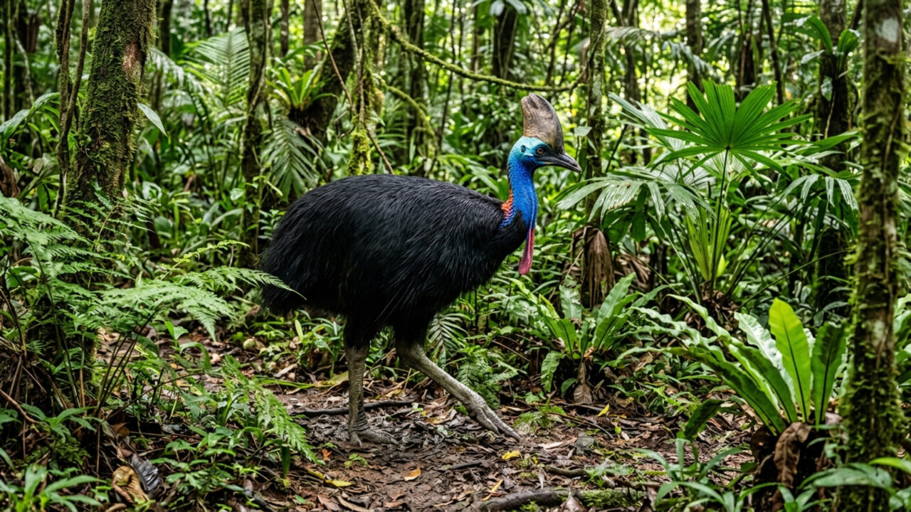 Armado com garras afiadas de 12 centímetros e capaz de saltar a 1,5 metro de altura, o pássaro gigante é o predador mais perigoso das florestas