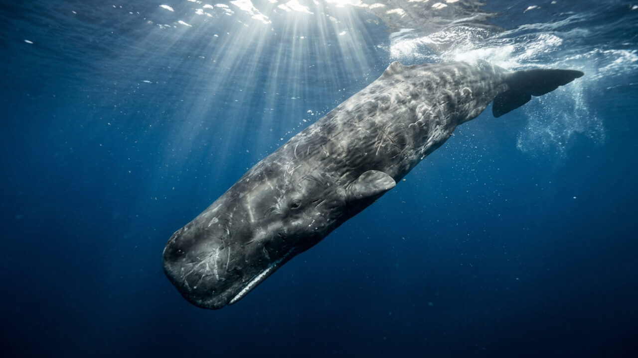 Mergulhando a 2.000 metros de profundidade em busca de lulas-gigantes, o colossal predador de 50 toneladas domina o abismo escuro do mar
