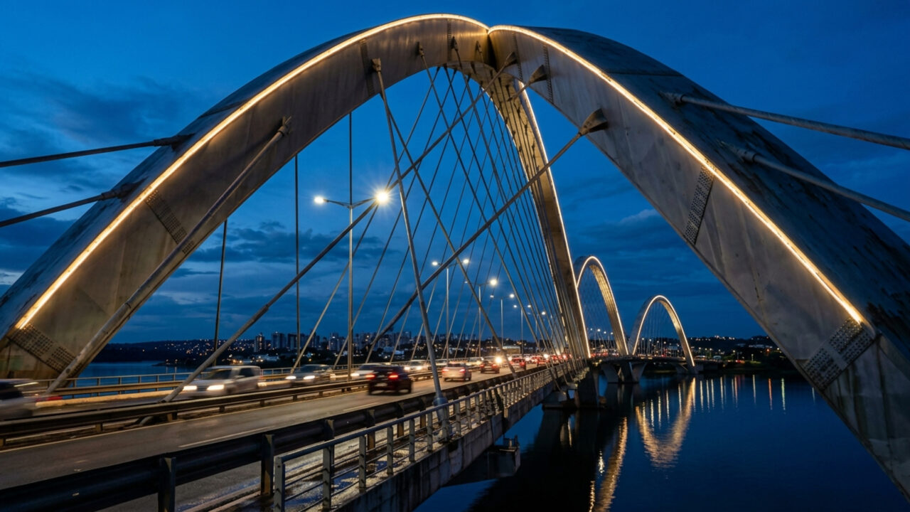 A majestosa estrutura de 1,2 km de extensão com três arcos de aço de 61 metros de altura virou o símbolo arquitetônico mais famoso de Brasília