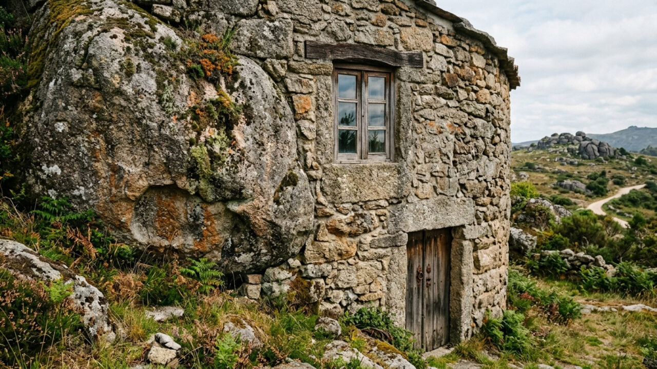 Com quatro rochas monumentais de granito que servem de paredes, a cabana rústica de 1974 em Portugal dispensa completamente a eletricidade