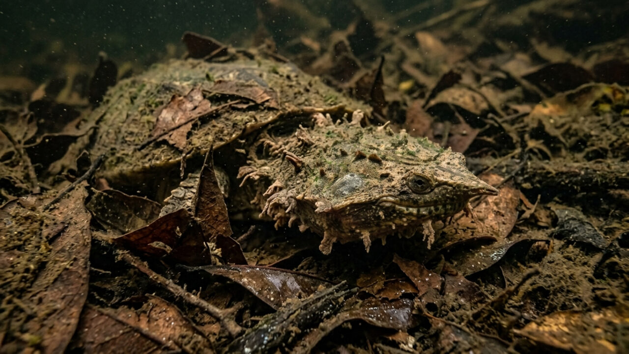 Disfarçada de folha seca e madeira podre no fundo dos rios da Amazônia, esta tartaruga suga peixes inteiros em um ataque a vácuo em segundos