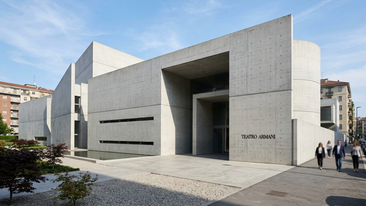 Desenhado por Tadao Ando em 2001 com paredes de concreto liso e espelhos d’água de 3.400 m² de área, o teatro é o templo da alta costura em Milão
