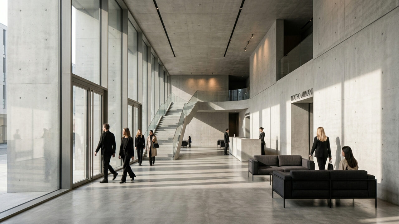 Desenhado por Tadao Ando em 2001 com paredes de concreto liso e espelhos d'água de 3.400 m² de área, o teatro é o templo da alta costura em Milão