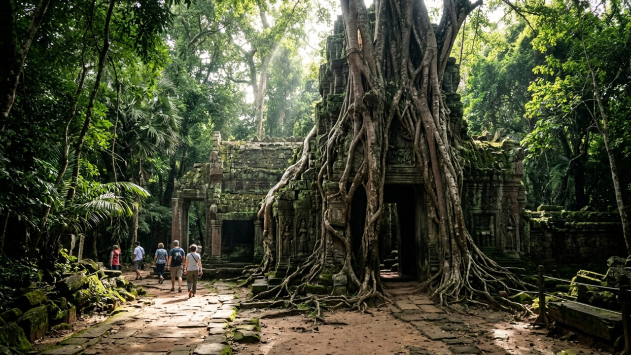 Famoso por ter suas ruínas milenares engolidas por raízes gigantescas de árvores centenárias, o templo de Ta Prohm é um espetáculo no Camboja