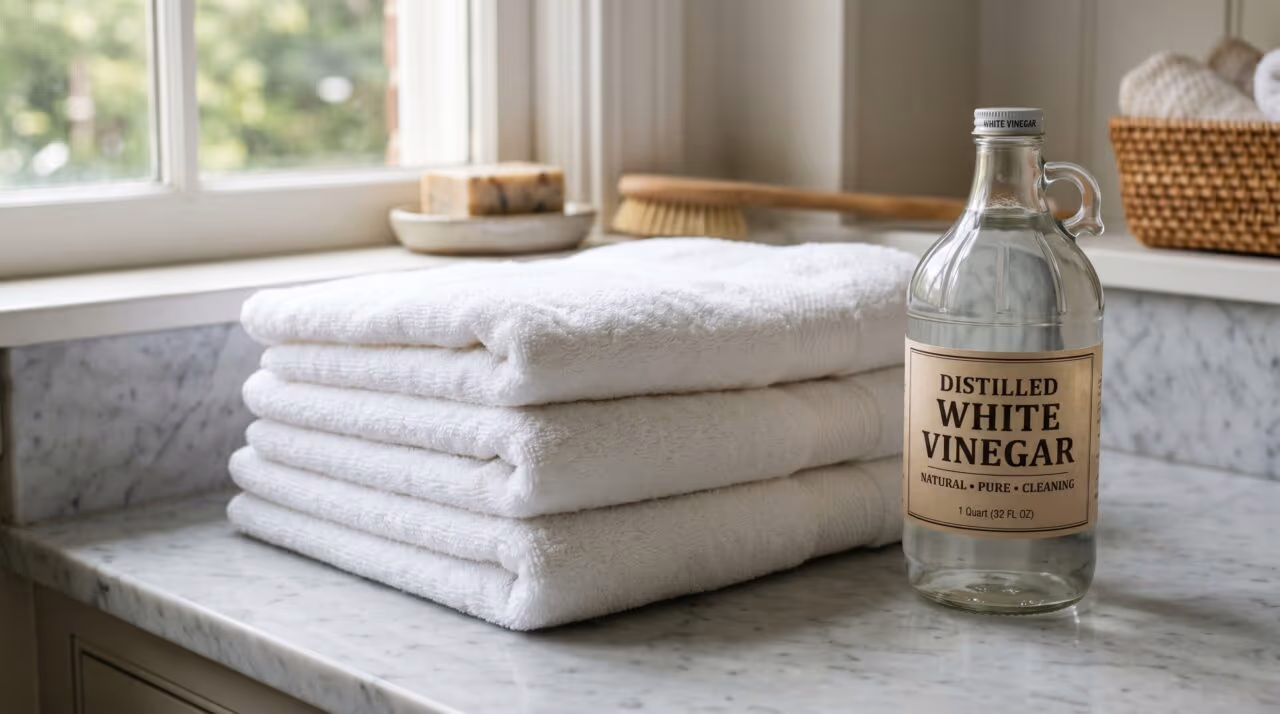 Colocar uma xícara de vinagre branco na lavagem das toalhas: por que essa troca simples devolve a maciez de hotel sem usar amaciante