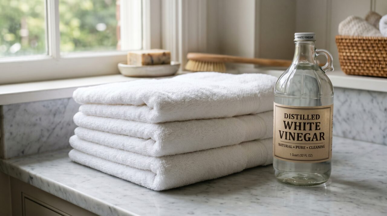 Colocar uma xícara de vinagre branco na lavagem das toalhas: por que essa troca simples devolve a maciez de hotel sem usar amaciante