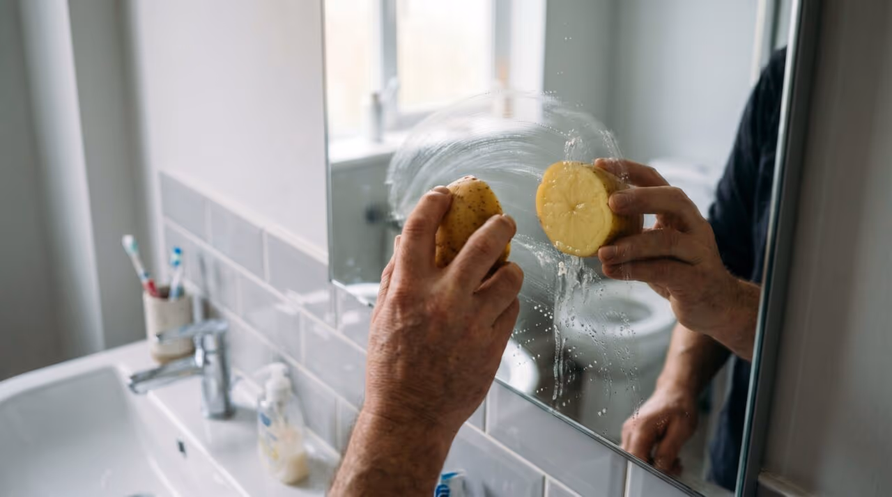 Esfregar meia batata crua no espelho do banheiro: por que esse gesto simples impede o vidro de embaçar no banho quente