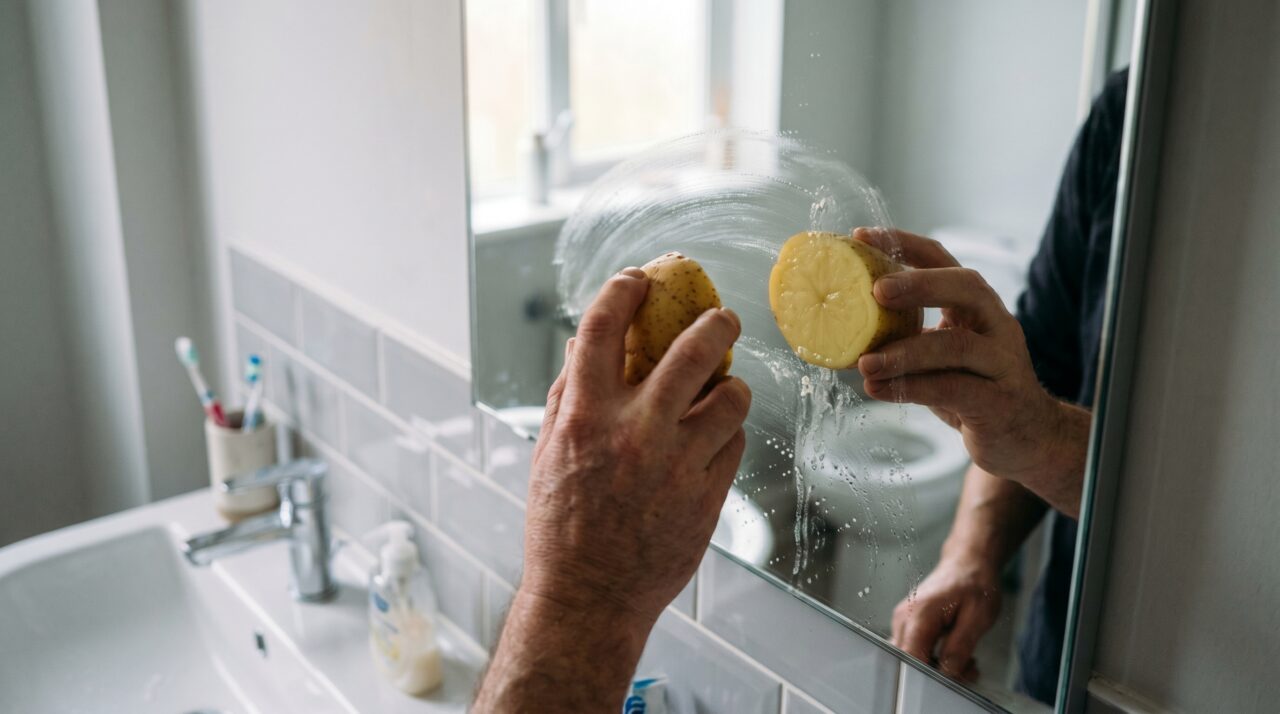 Esfregar meia batata crua no espelho do banheiro: por que esse gesto simples impede o vidro de embaçar no banho quente
