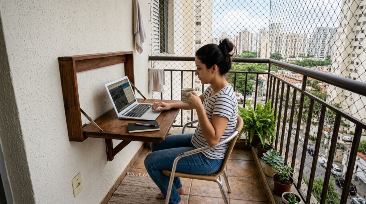 Como sua varanda era muito pequena, ela inventou uma mesa engenhosa digna de uma medalha de ouro em uma competição