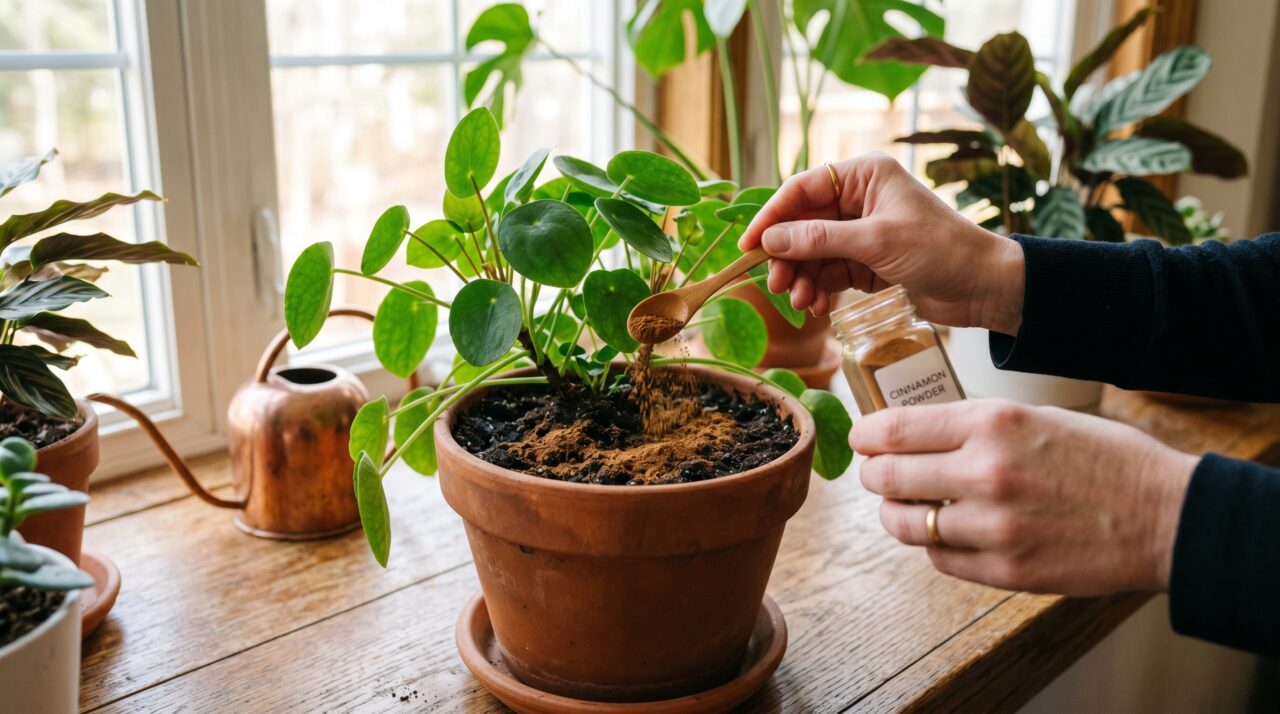 Uso de canela em pó para eliminar fungos em plantas de interior.