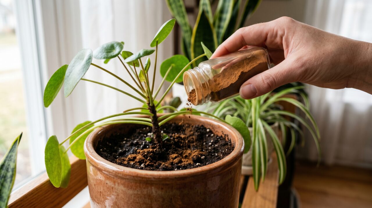 Uso de canela em pó para eliminar fungos em plantas de interior.