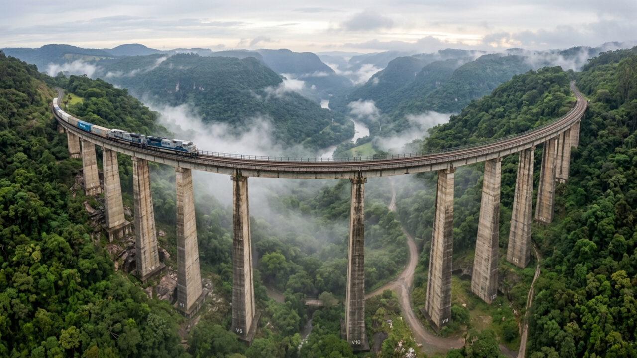 Estendendo-se por 509 metros de comprimento e a 143 metros de altura, a estrutura ferroviária de 1978 é o maior viaduto de toda a América Latina