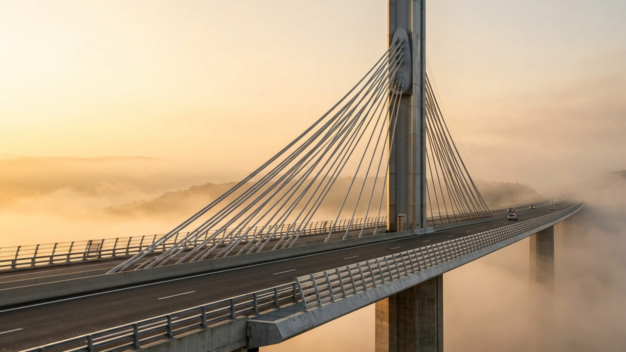 Projetado por Norman Foster em 2004 com uma estrutura que atinge 343 metros de altura, o viaduto francês supera a Torre Eiffel como a ponte mais alta