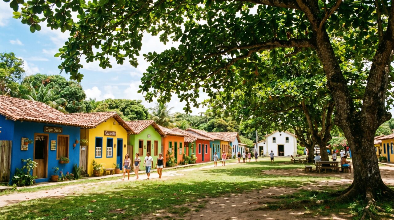 Turismo de luxo e segurança no distrito histórico de Trancoso, na Bahia.
