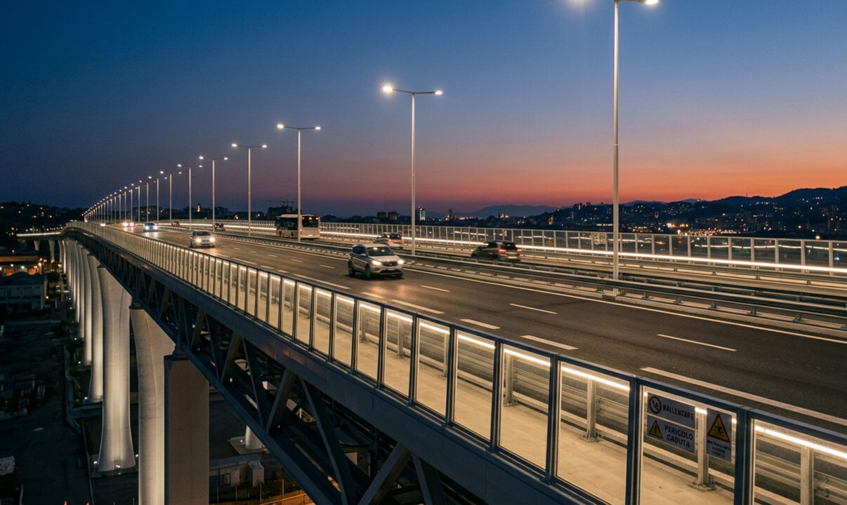 Projetada por Renzo Piano, com formato aerodinâmico que lembra o casco de um navio, a ponte de aço substituiu o antigo viaduto que caiu em Gênova