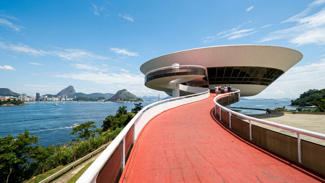 Desenhado por Oscar Niemeyer em 1996 como um disco voador de 16 metros de altura flutuando sobre a baía, o edifício é o marco de Niterói