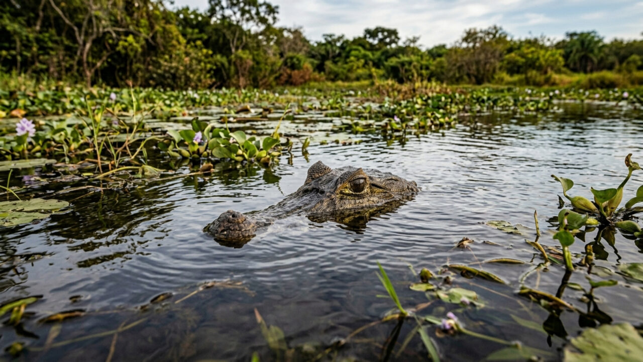 O ágil predador de até 3 metros de comprimento vigia os rios do Pantanal; ele consome milhares de piranhas e domina a planície alagada do país