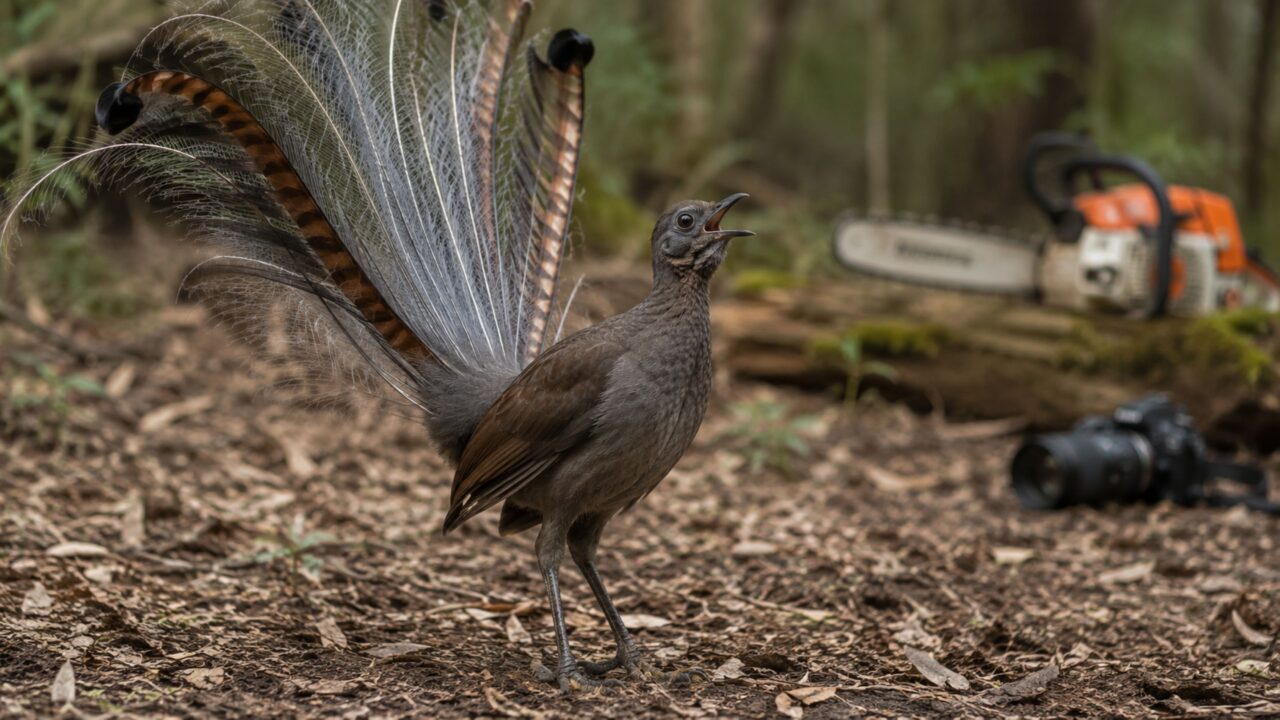 O pássaro-lira usa a siringe e o aprendizado para copiar sons de aves, câmeras, alarmes e até motosserras